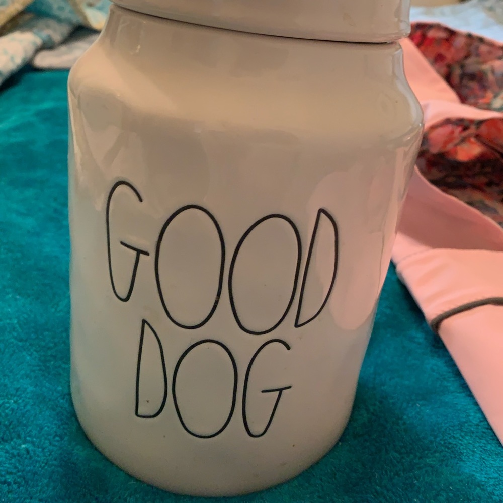 Rae Dunn treat jar, pink rain jacket, nib deluxe pet washer